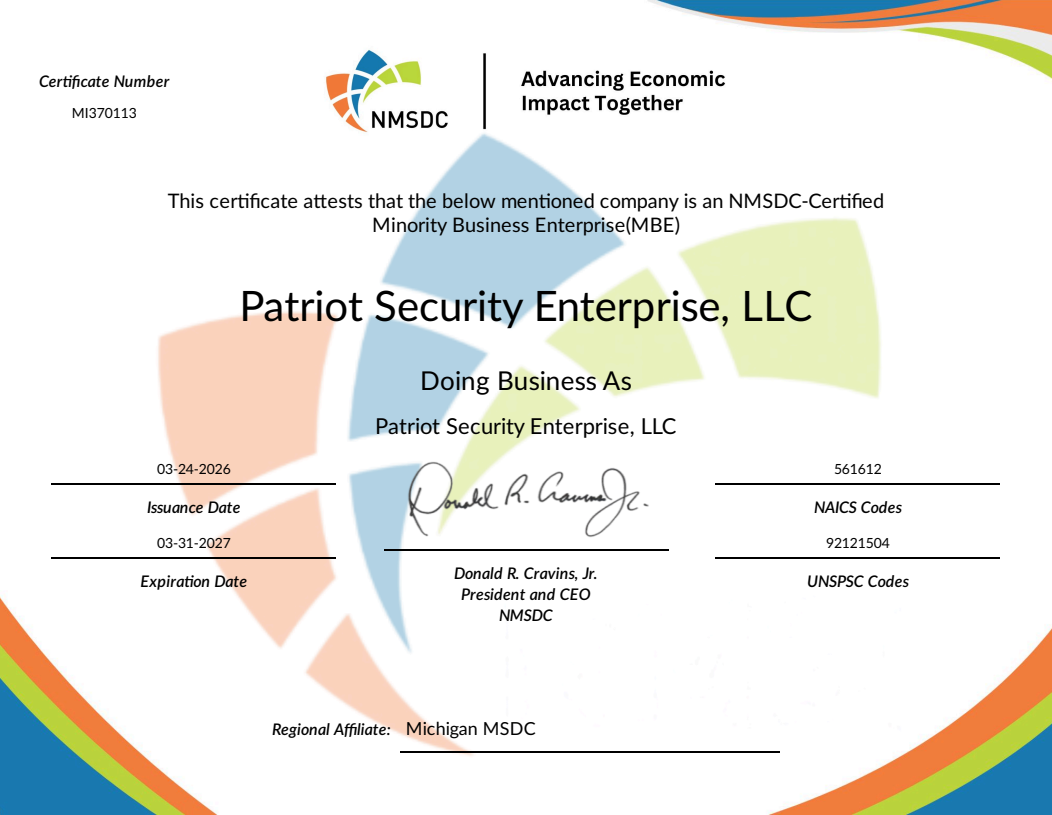 NMSDC Certified Minority Business Enterprise (MBE) certificate for Patriot Security Enterprise, LLC