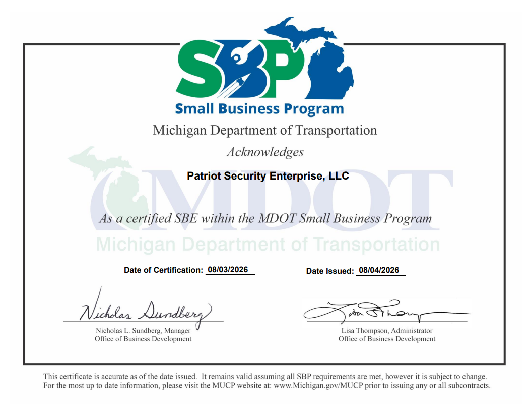 Michigan Department of Transportation Small Business Program (SBE) certificate for Patriot Security Enterprise, LLC