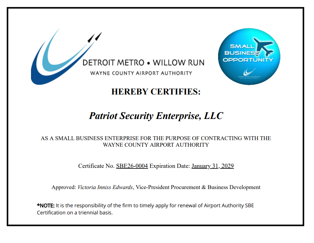 Wayne County Airport Authority Small Business Enterprise (SBE) certificate for Patriot Security Enterprise, LLC