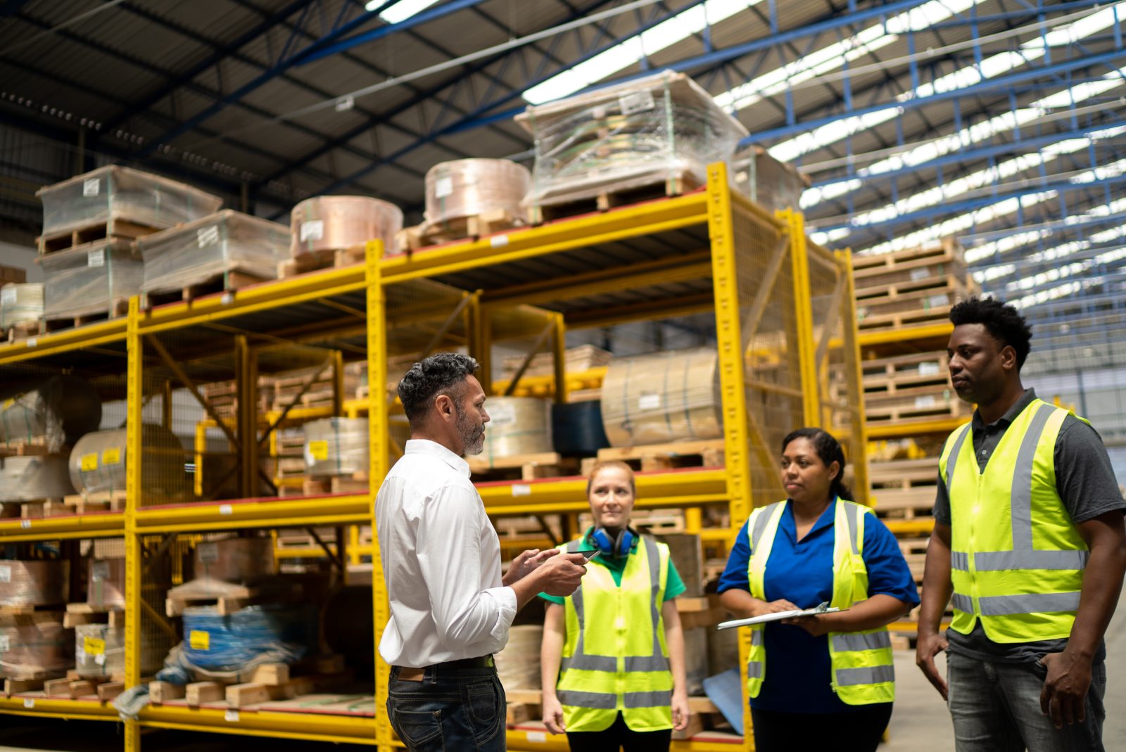 Security officer briefing warehouse staff on safety procedures